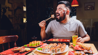 man eating food